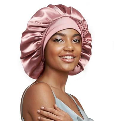 22 Momme 100% Real Mulberry Silk Bonnet for Sleeping Women, Large Hair Care Bonnet for Long Curly Hair, Double Layer Silk Wrap with Soft Elastic Band, Non-Slip Sleep Cap, Pink - Image 1
