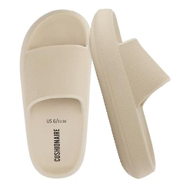 CUSHIONAIRE Feather EVA Slides for Women – Comfortable Slip On Womens Slippers, Indoor Outdoor Shower Shoes, Beach Essential Cloud Slides, KHAKI 7 - Image 1