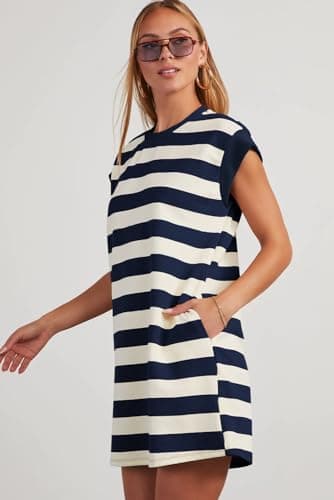 AlvaQ Dresses for Women 2025 Summer Casual Loose Sleeveless Colorblock Short Mini Dress with Pocket Blue Small - Image 5