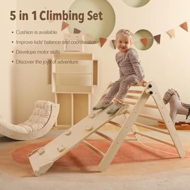 Yopnoyik Pikler Triangle Set with Cushion Large, 5 in 1 Toddler Climbing Toys Indoor, Montessori Foldable Climbing Set for Kids, Wooden Playground Jungle Gym with Ramp, Arch and Ladder (Wooden Color) - Image 4