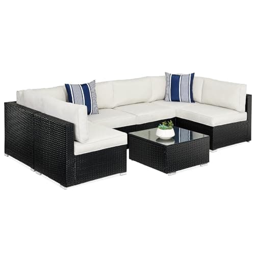 Best Choice Products 7-Piece Modular Outdoor Sectional Wicker Patio Conversation Set w/ 2 Pillows, Coffee Table, Cover Included - Black/White Sand - Image 1