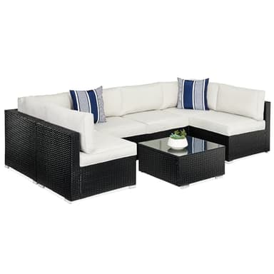 Best Choice Products 7-Piece Modular Outdoor Sectional Wicker Patio Conversation Set w/ 2 Pillows, Coffee Table, Cover Included - Black/White Sand - Image 1