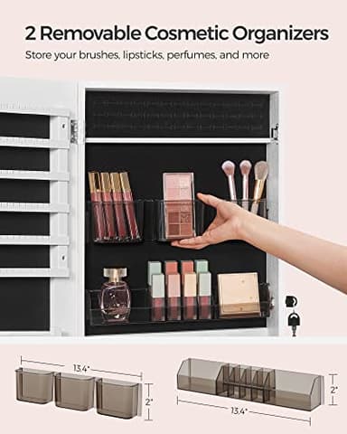 SONGMICS Jewelry Cabinet Armoire, Lockable Wall-Mounted Organizer Unit with 2 Plastic Cosmetic Storage Trays, Full-Length Frameless Mirror, White UJJC001W01 - Image 4