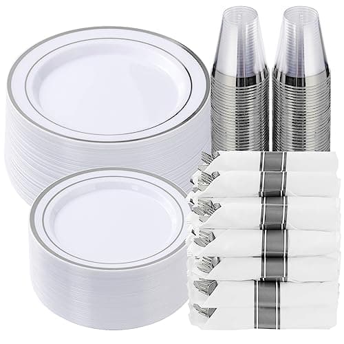 Goodluck 350 Piece Silver Plastic Dinnerware Set for 50 Guests, Fancy Disposable Plates for Party, Include: 50 Dinner Plates, 50 Dessert Plates, 50 Pre Rolled Napkins with Silver Silverware, 50 Cups - Image 1