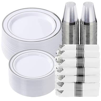 Goodluck 350 Piece Silver Plastic Dinnerware Set for 50 Guests, Fancy Disposable Plates for Party, Include: 50 Dinner Plates, 50 Dessert Plates, 50 Pre Rolled Napkins with Silver Silverware, 50 Cups - Image 1