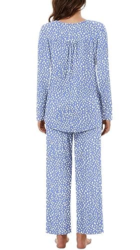 Bestbee Womens Pajama Set Plus Size, 2 Piece Lounge Outfits Pleated Sleepwear Sets Long Sleeve With Pockets Ladies Pjs, 2XL, Spotted Blue - Image 4