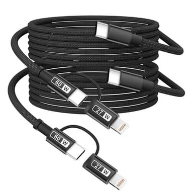 USB C Multi Charging Cable(2Pack 4FT), USB C and Light-ning Cable 2 in 1 Charging Cords 60W Fast Multiple Charger Cord Nylon Braided Compatible with iPhone16/15 Series/Phone/Pad/Laptop-Black