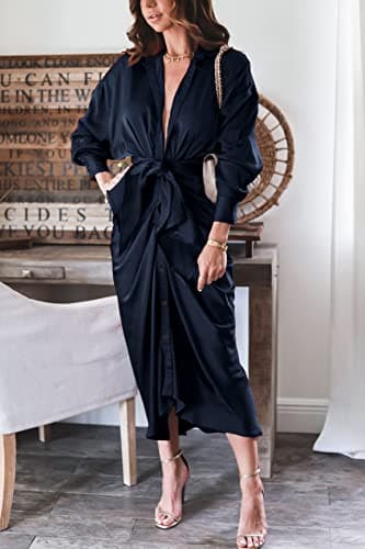 BTFBM Maxi Dresses for Women Fall 2025 Long Sleeve Lapel Neck Button Down Elegant Satin Belted Ruched Summer Shirt Dress(Navy, Medium) - Image 3