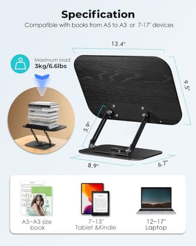Viozon Book Stand for Reading,Book Holder, Height&Angle Adjustable, 360° Rotating Base, Foldable and Portable, Lightweight for Office, Kitchen, School Textbook, Recipe, Magazine,Kindle,Table B - Image 4