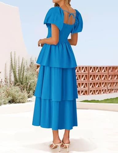 ZESICA Women's 2025 Summer Boho Midi Dress Short Puff Sleeve Flowy A Line Tiered Beach Vacation Long Dresses,Blue,X-Large - Image 3