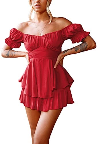Fixmatti Ladies Boat Neck Tie Back Chiffon Rompers Off Shoulder Ruffle Short Sleeve High Waist Short Jumpsuits Red XL - Image 1