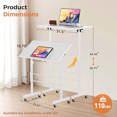COMHOMA Small Standing Desk Adjustable Height & Tiltable Tabletop, Mobile Stand Up Desk for Laptop, Portable Computer Table for Home Office Work and Walking Pad Treadmill, Height 30.7"-46.4", White - Image 2