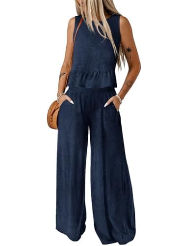 Dokotoo Two Piece Sets for Women Summer Elastic Waist Matching Sets Summer Outfits Beach Vacation Clothes for Women Blue Large - Image 1