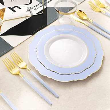 WDF 150pieces Baby Blue Plastic Plates with Gold Rim - Disposable Gold Plastic Silverware With Blue Handle-Baroque Light Blue&Gold Disposable Plates Dinnerware for Wedding/Party - Image 4