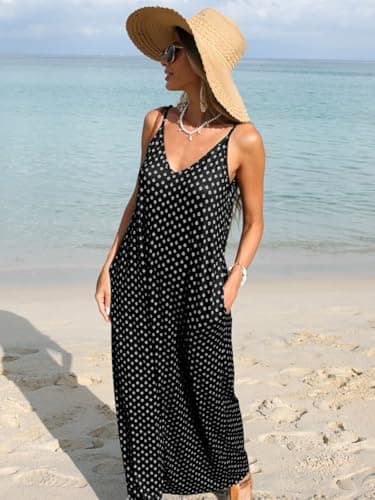 Poetsky Summer Dresses for Women Casual V Neck Spaghetti Strap Long Dresses Black Print M - Image 4