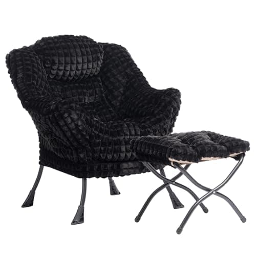 HollyHOME Lazy Chair with Foldable Ottoman, Accent Comfy Lounge Armchair and Folding Footrest Stool, Leisure Sofa Reading Chair and Footstool for Living Room, Bedroom, Dorm,Faux Fur Black - Image 1
