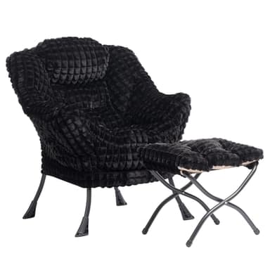 HollyHOME Lazy Chair with Foldable Ottoman, Accent Comfy Lounge Armchair and Folding Footrest Stool, Leisure Sofa Reading Chair and Footstool for Living Room, Bedroom, Dorm,Faux Fur Black - Image 1