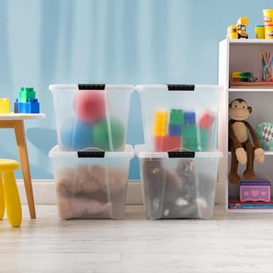 IRIS USA 54 Qt Stackable Plastic Storage Bins with Lids, 6 Pack - BPA-Free, Made in USA - See-Through Organizing Solution, Latches, Durable Nestable Containers, Secure Pull Handle - Clear - Image 6