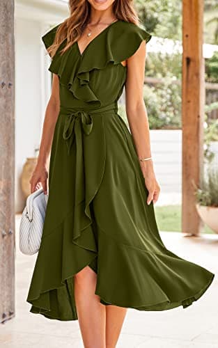PRETTYGARDEN Women Summer Bohemian Slit Ruffle Beach Dresses Casual Wrap V Neck Tie Dress A-Line Swing Midi Sun Dress (Army Green,X-Large) - Image 6
