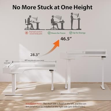 Agilestic L Shaped Standing Desk, Adjustable Height Corner Gaming Desk with Shelf, Sit Stand Up Desk, 63 x 55 Inch Home Office Computer Table, White - Image 3