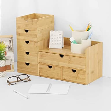 Wisuce Bamboo Desk Organizer, Mini Desktop Drawer Tabletop Storage Organization Box for Office Home Toiletries Supplies Vanity, No Assembly Required (3 Drawer with Shelf) - Image 6