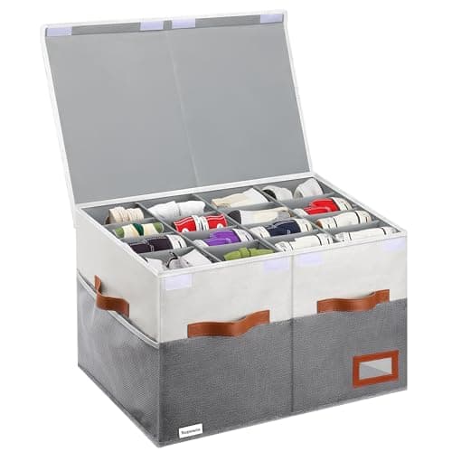 Supowin Shoe Organizer for Closet, Foldable Shoe Storage Bins with Lid & Adjustable Dividers, Fabric Shoe Box Storage Containers with Four Reinforced Handles, Fits 16 Pairs, 1 Pack, Grey - Image 1