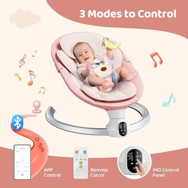 Baby Swing for Infants - Electric Baby Rocker with Exclusive App Function, Upgraded 5 Point Harness, Bluetooth Support, 10 Preset Lullabies and 5 Speeds, Portable Swing for Baby Boy Girl（Pink） - Image 2