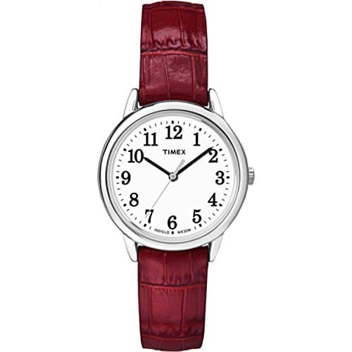 Timex Women's Easy Reader 30mm Watch – Silver-Tone Case White Dial with Red Croco Pattern Leather Strap