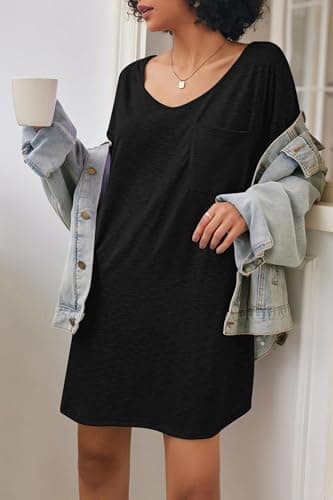 Ekouaer Womens Tshirt Nightgown Cotton V Neck Sleepshirts Comfy Casual Nightshirt for Women, Black, Medium - Image 2