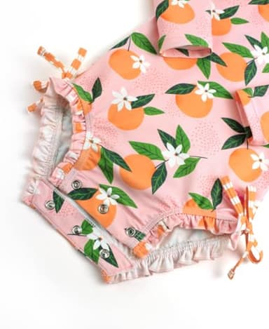 RuffleButts Baby Girls UPF 50+ Sun Protection Novelty Print Long Sleeve One Piece Rash Guard Swimsuit with Zipper - Orange You The Sweetest, 2T - Image 5