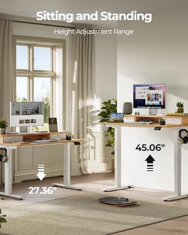 FEZIBO 60 x 24 Inch Height Adjustable Electric Standing Desk with Double Drawer, Computer Desk, Home Office Stand Up Table with 4 Height-Adjustable Feets & 2 Hooks, Light Rustic - Image 4