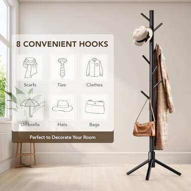 Hupmad Wooden Tree Coat Rack Stand,Sturdy Freestanding Coat Rack with 8 Hooks,3 Adjustable Height for Child Adult,Wood Coat Stand Tree Fits Entryway Bedroom Office for Bags,Hats - Image 6