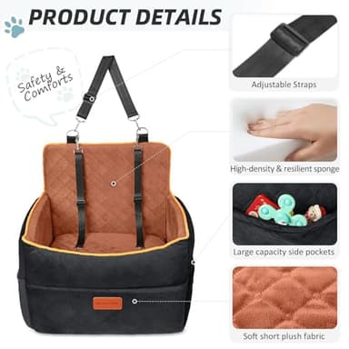 HEGGCOOE Small Dog Car Seat, Memory Foam Dog Booster Seats with Thick Cushion for Medium Dogs Under 35lbs, Detachable Washable Pet Car Seat Travel Bed with Storage Pockets,2 Safety Belts - Image 4