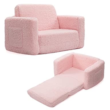 ALIMORDEN 2-in-1 Flip Out Cuddly Sherpa Toddler Couch Convertible Sofa to Lounger, Pink - Image 1