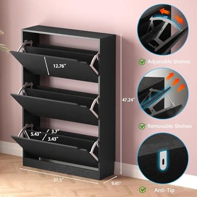 BORNOON Shoe Storage Cabinet with 3 Flip Drawers,Narrow Shoe Rack Cabinet,Freestanding Organizer Storage for Entryway, Hallway, Black - Image 2