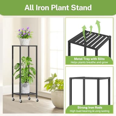 iDavosic.ly 2 Tier Plant Stand Indoor with Wheels, Metal Flower Holder Shelf Outdoor for Large Pots, Tall Corner Vertical Rolling Rack for Patio Porch Garden Balcony Living Room, Modern Black - Image 4