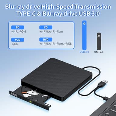 NVOPERANG External Blu-ray Drive, USB 3.0 & Type-C BD/DVD/CD Burner – Portable Blu-ray Player with 3D Playback, Compatible with Windows, Linux, Mac OS (2 IN1) - Image 3