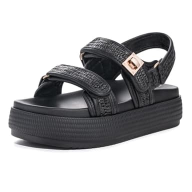 FITORY Women Platform Sandals Comfortable Open Toe Beach Shoes with Adjustable Buckle Straps for Summer Black Size 8 - Image 1