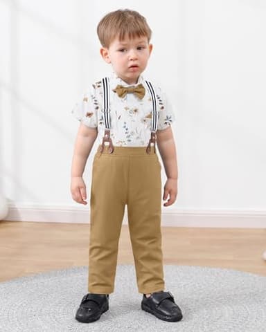 DISAUR Suit for Toddler Boys 4t 5t 4-5t White Flower Dress Shirt Brown Suspender Pants Easter Suits for Little Gentle - Image 7