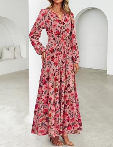 ZESICA Women's 2025 Fall Long Sleeve Maxi Dress Floral Print V Neck Empire Waist A Line Tiered Flowy Boho Party Dresses Vintage Pink Medium - Image 3
