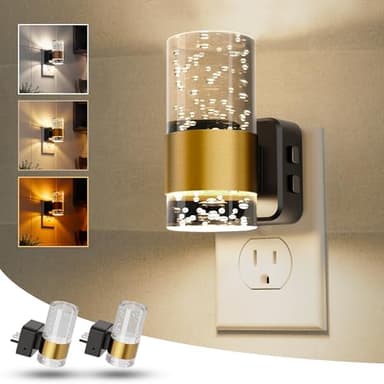 Night Lights Plug into Wall 2 Pack, Dimmable Night Light with Dusk-to-Dawn Light Sensor, Soft White/Cool White/Amber 3 Light Color, Adjustable Brightness, Rotatable plug, Bubble Nightlight for Hallway - Image 1