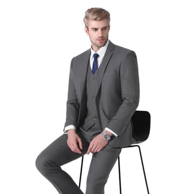 LUPURTY Suits for Men, 3 Piece Men's Suit Slim Fit, Solid Jacket Vest Pants with Tie, One Button Tuxedo Set for Business, Wedding, Dark Grey XL - Image 3