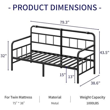 Sementa Daybed-Frame, Twin-Daybed with Classic-Headboard - Heavy Duty Steel Slats,Metal Sofa Bed Frame for Living Room Bedroom Guest Room, Easy Assembly(Black) - Image 2