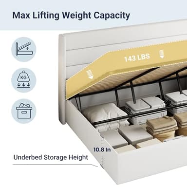 Allewie King Size Velvet Lift Up Storage Bed, Modern Wingback Headboard, Hydraulic Support, No Box Spring Needed, White - Image 8