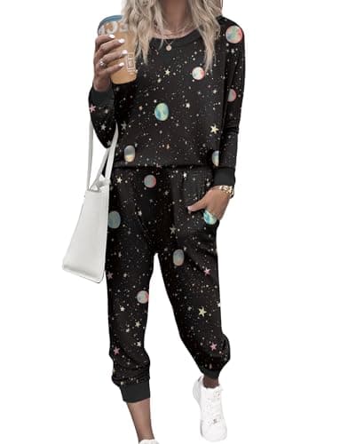 Ekouaer Pajamas Set Long Sleeve Joggers Pjs Fall 2 Piece Lounge Outfits Jogger Pajama for Women Set Black Night Sky XXL - Image 1