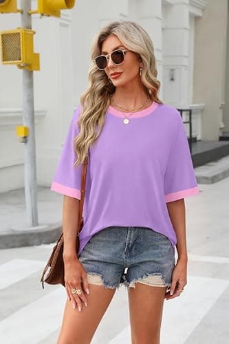 OFEEFAN Fashion Clothing Summer Shirts for Women Short Sleeve T-Shirts Womens Tank Tops Oversized Tshirts Z-Violet XL - Image 3