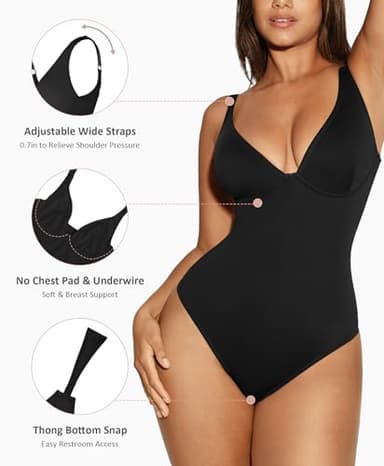 FeelinGirl Body Suits for Women Tummy Control Shapewear Bodysuits for Going Out Deep V Neck Thong Body Shaper, Black, S - Image 4