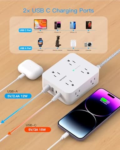 Flat Plug Extension Cord with Multiple Outlets, HANYCONY 1080J Surge Protector Power Strip with 8 AC Outlets 4 USB Ports (2 USB-C), 3-Sided Outlet Extender Ideal for Home Office Dorm Room Essentials - Image 2