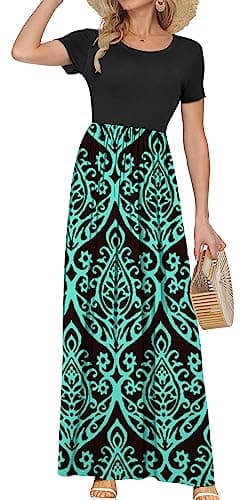 AUSELILY Women's Short Sleeve Loose Plain Casual Long Maxi Dresses for Women 2025 Black Green L - Image 2