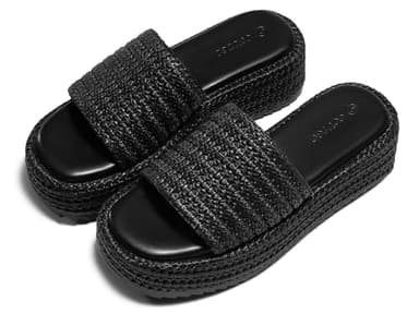 Coutgo Womens Platform Sandals Raffia Espadrilles Slip on Open Toe Cute Boho Summer Beach Slide Sandals, Black Raffia, Size 9 - Image 4